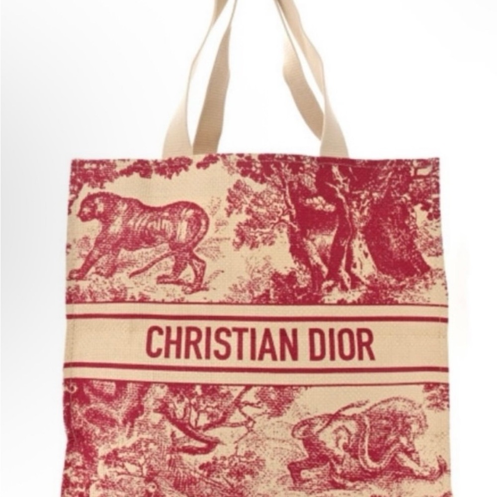 Dior Cream and Red Straw Tote Bag
